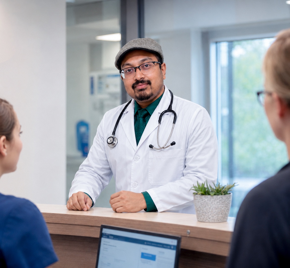 Dr. Adnan speaking with a clinic team member